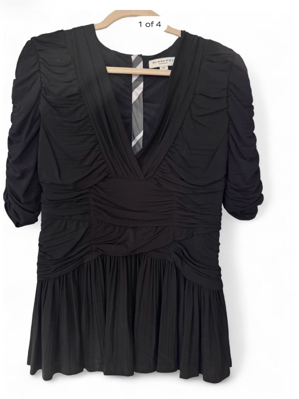 Vintage Burberry London Black Ruched Surplice V-Neck Pleated Peplum Blouse